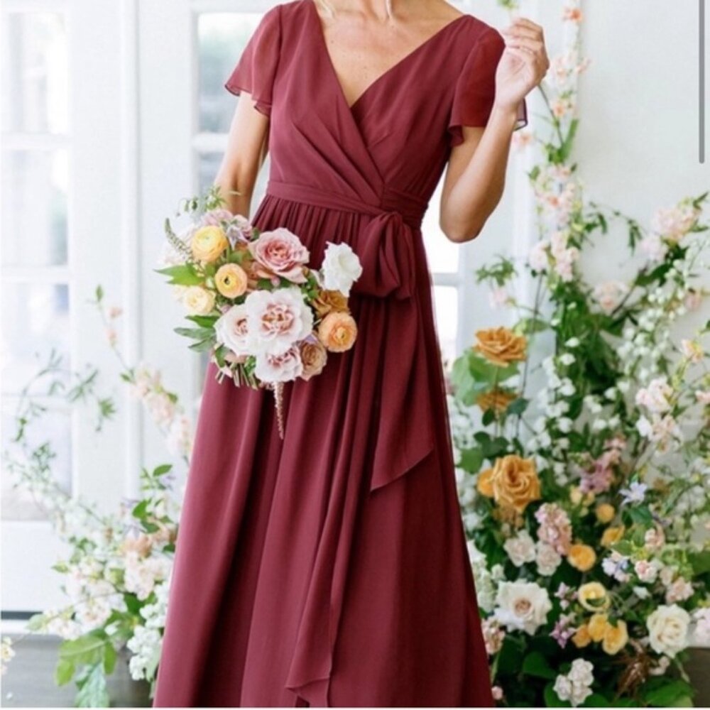 Revelry Bridesmaid Dress, Harper Chiffon Faux Wrap Dress, Peony 921, Size 12